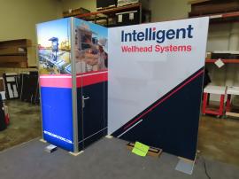 Modified GK-1016 Gravitee Modular Panel Exhibit with SEG Fabric Graphics, Lightbox, Monitor Mount, and Locking Storage